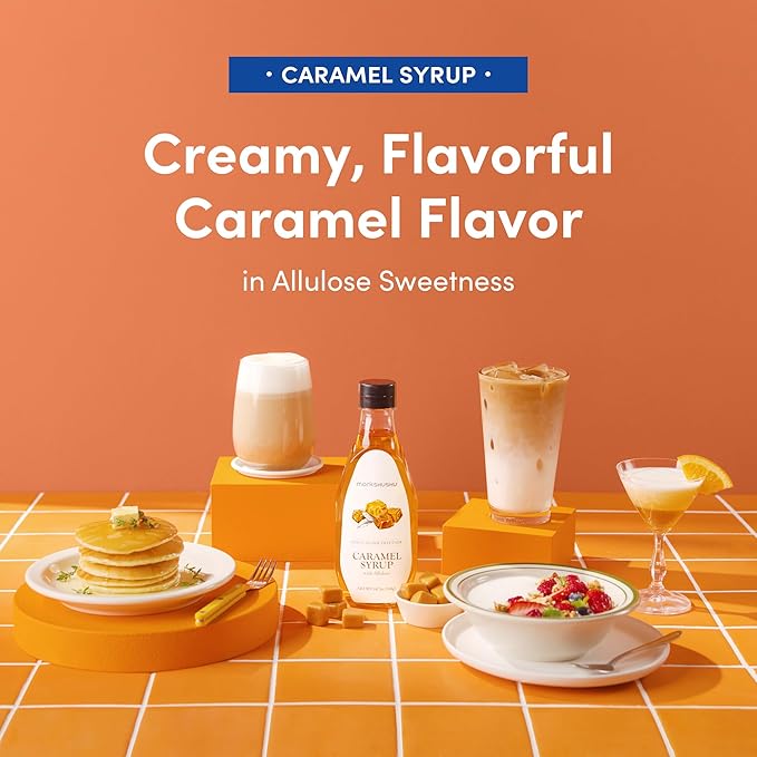 MONKSHUSHU Caramel Allulose Syrup 18.7 Fl Oz for coffee, drinks - Keto Diet, Vegan friendly, Diabetes-Safe - Zero Calorie, Liquid type Sugar Substitute - Monk Fruit - Gluten Free, 0g Net Carbs, Non-GMO