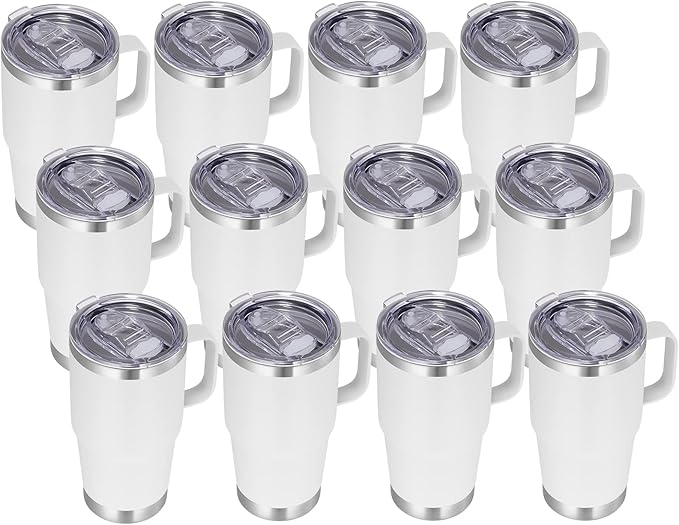 VEGOND 20 oz Tumbler Bulk with Handle Lid and Straw, Stainless Steel Insulated Travel Coffee Mug Set, Spill Proof Double Wall Metal Tumblers Cups, New White 12 Pack