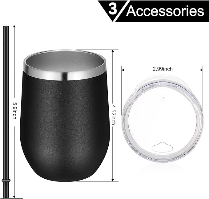VEGOND 12oz Stainless Steel Wine Tumbler with Lid and Straw, Double Wall Vacuum Insulated Stemless Wine Glass Tumbler Cup, Coffee Mug for Cold Hot Drinks