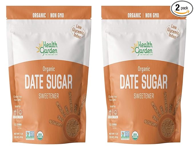 Health Garden Date Sugar (16 OZ), Organic Date Sugar Sweetener, All-Natural Dried Ground Dates, Rich in Vitamins and Minerals, No Gluten, Non-GMO, Low Glycemic Sugar Substitute (1 LB pack of 2)