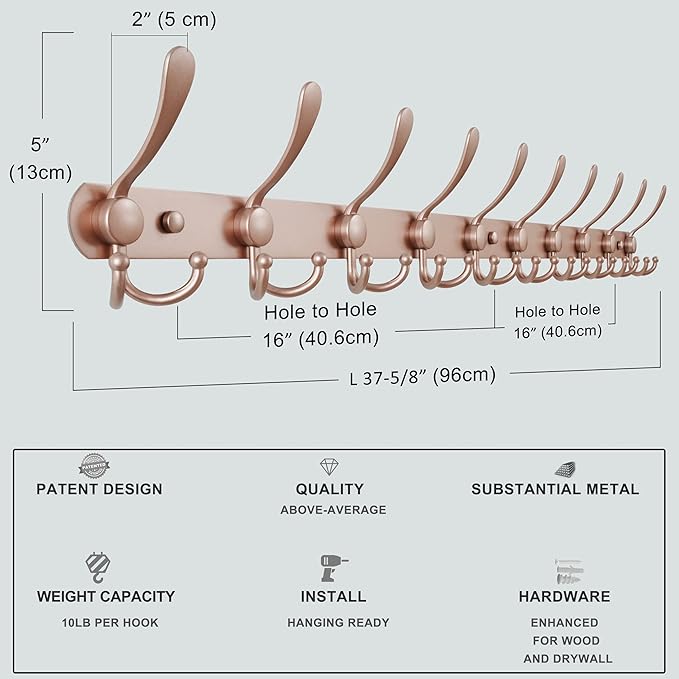 Dseap Coat Rack Wall Mount - 38” Long 10-Tri-Hooks Heavy Duty Coat Hanger Rail Wall Hooks for Hanging Coats Hats Clothing Clothes Purse Mudroom Entryway, Rose Gold, Pack of 2