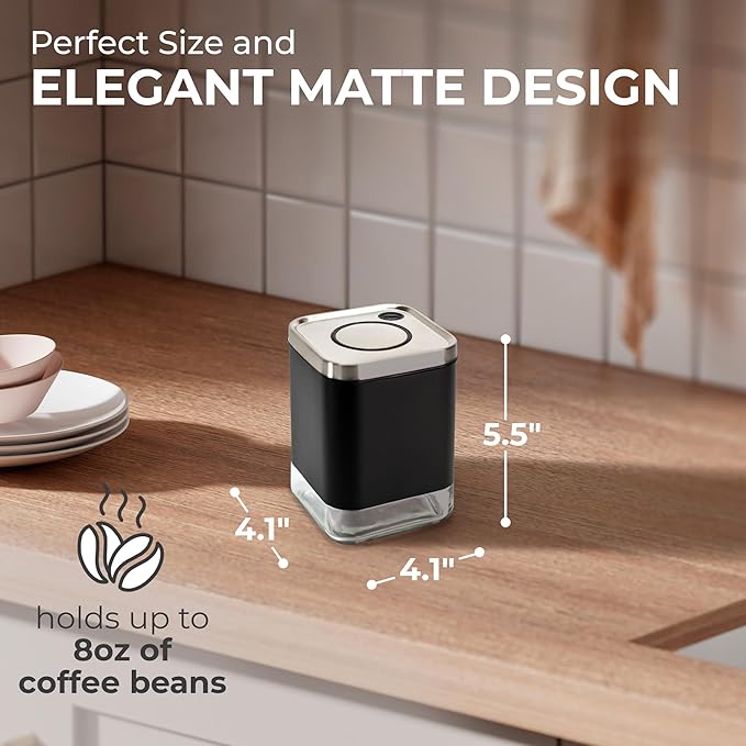 Kaffe Glass Coffee Canister (8oz) w/Airtight Lid - Click to Release Seal - BPA Free Glass & Stainless Steel - Elegant Kitchen Storage Container for Coffee, Nuts, Rice, Flour, Sugar, Tea, Cereal