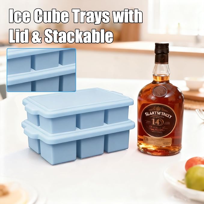 Silicone Ice Cube Tray with Lid 8-Cavity Reinforced Steel Frame Ice Cube Trays Easy Release BPA-Free Makes 3 Large Square & 5 Small Rectangular Ice Trays for Cocktails Whiskey Coffee,Pink