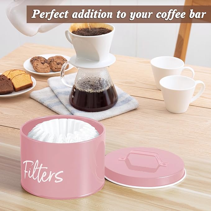 DRASTAR Coffee Filter Holder, Filter Storage with Lid for Counter, Storage Basket Container for Coffee Bar Accessories Decor, Pink