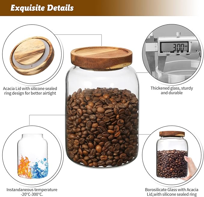Glass Coffee Storage Jar with Lids Scoop Thicken Glass Coffee Canister Borosilicate Glass Food Containers for Ground Coffee Beans Nut Pasta Sugar Candy Spice Rice Loose Tea