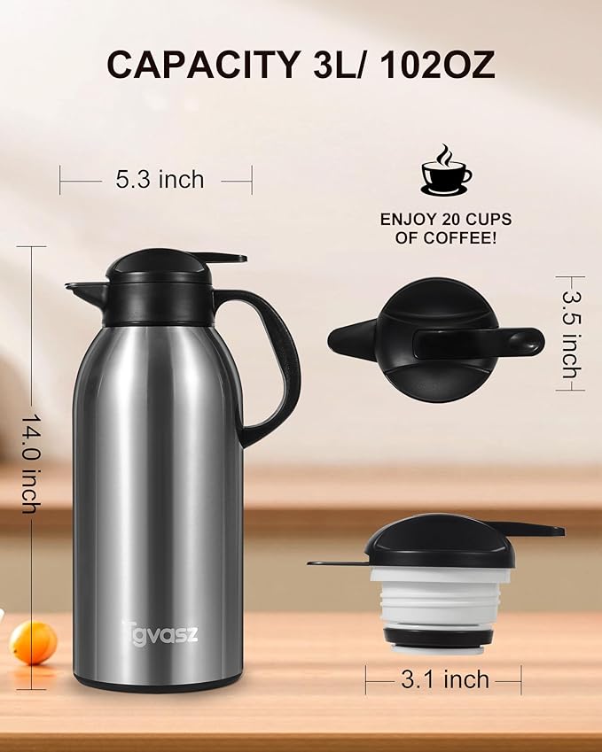 2 PCS Large and Heavy Thermal Coffee Carafe 101 oz,Fullness Water is 7.3 LB - 24 Hours Hot, Insulated Airpot Dispenser,Coffee Carafes For Keeping Hot for Parties (2 Silver)