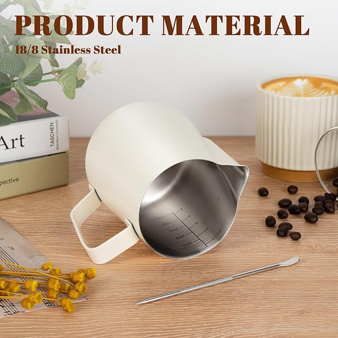 Milk Frothing Pitcher, 12oz Milk Frother Cup with Clear Scale, 304 Stainless Steel Cappuccino Espresso Machine Accessories for Barista Coffee Bar with Latte Art Pen, White