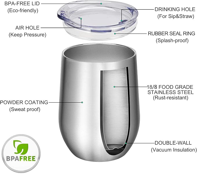 VEGOND 12oz Stainless Steel Wine Tumbler with Lid and Straw, Double Wall Vacuum Insulated Stemless Wine Glass Tumbler Cup, Coffee Mug for Cold Hot Drinks