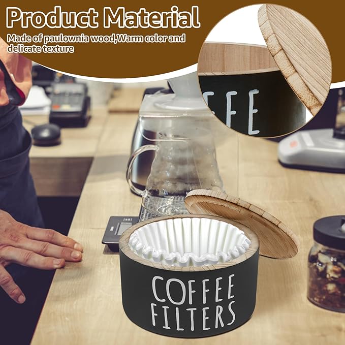 Coffee Filter Holder, Wooden Large Capacity Rustic Coffee Filter Storage Case Dispenser with Bamboo Lid, Round Organizer Basket Container Storage for Pod and Filter, Coffee Bar Accessories