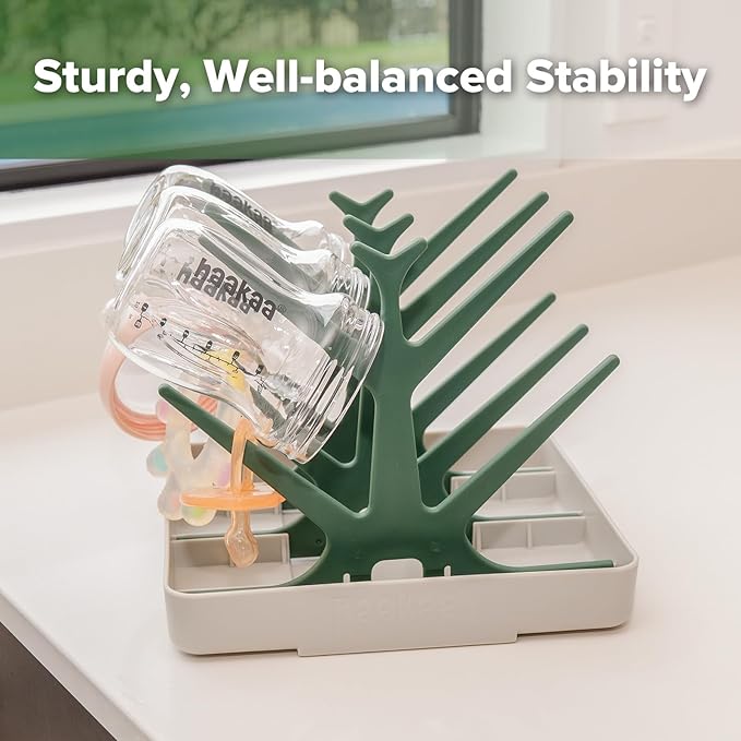 haakaa Portable Baby Bottle Drying Rack with Tray, Space Saving Bottle Drying Tree for Bottles/Pump Parts/Pacifiers,Easy-Store Dryer Rack Great for Home & Travel, BPA Free (Green)