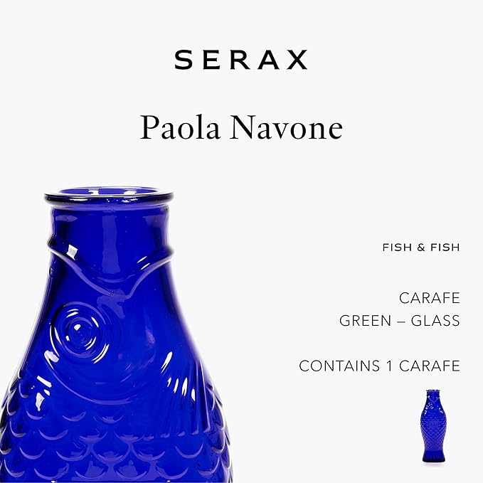 Serax Glass Water Pitcher | Fish & Fish glassware by Paola Navone | Wine Carafe Decanter 28.74 fl oz | Clear Dark Blue Bottle Container, hot & cold Drinks | Fridge Beverage Dispenser, Suitable as Vase