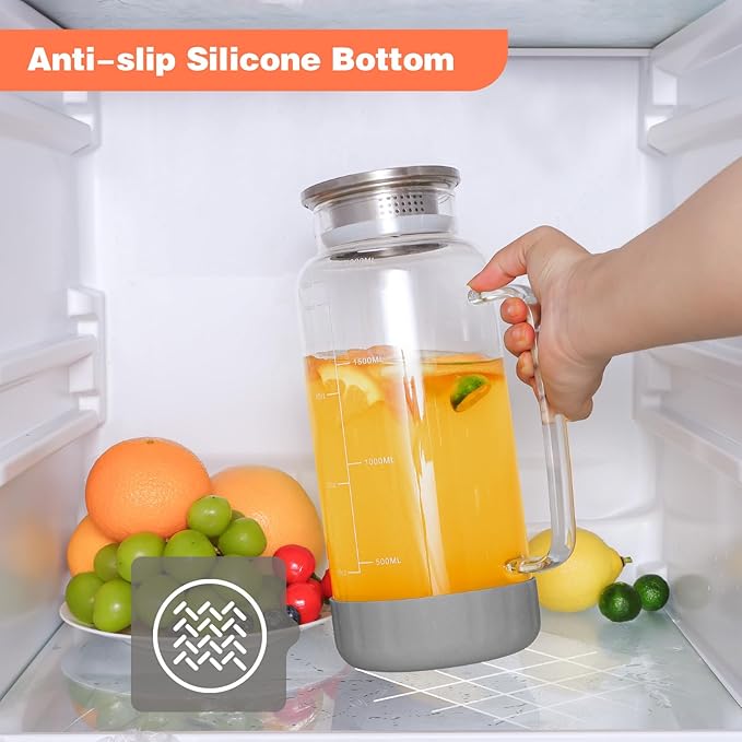 Aofmee 68oz Glass Pitcher with Lid, 2 Liter Water Carafe with Silicone Base and Precise Scale Line, Ice Tea Pitcher for Fridge, Anti-Slip Glass Jug for Sun Tea Juice Coffee Milk Beverage (Gray)
