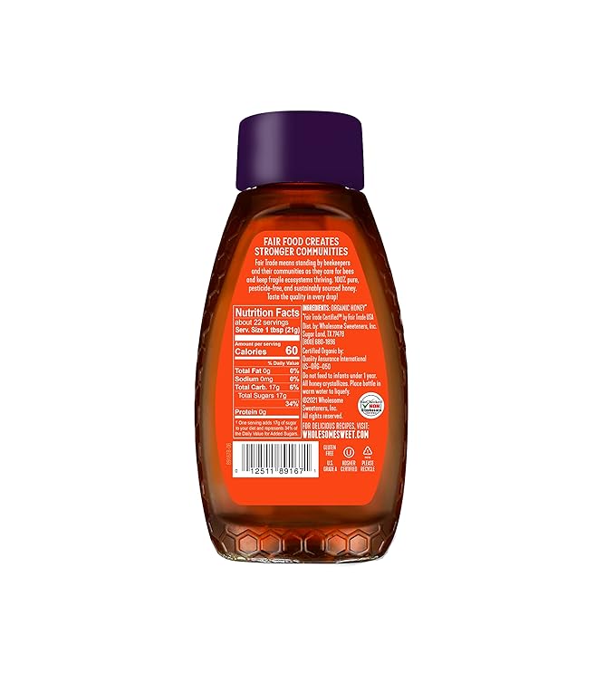 Wholesome Sweeteners 16-Ounce Organic Honey Bottle, 100% Pure, Fair Trade Certified, Non GMO Project Verified & Gluten Free, 6 Pack
