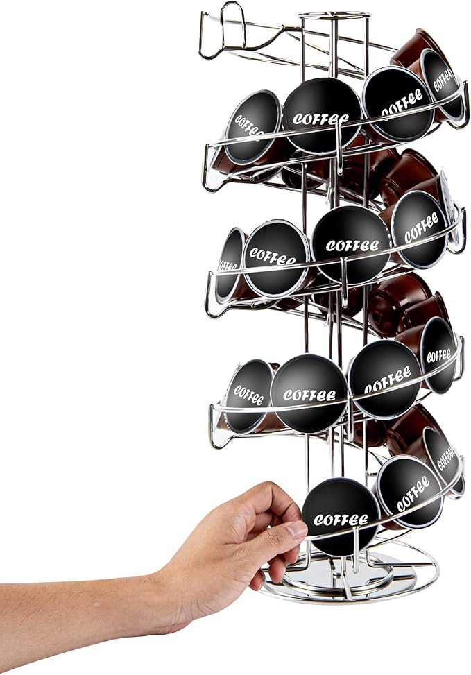 Restaurantware Restpresso 7.1 x 16.1 Inch Coffee Capsule Holder, 1 Durable Pod Carousel - Holds 35-50 K-Cups, 360-Degree Rotatable, Stainless Steel Espresso Pod Organizer, 3 Tier, Pods Not Included