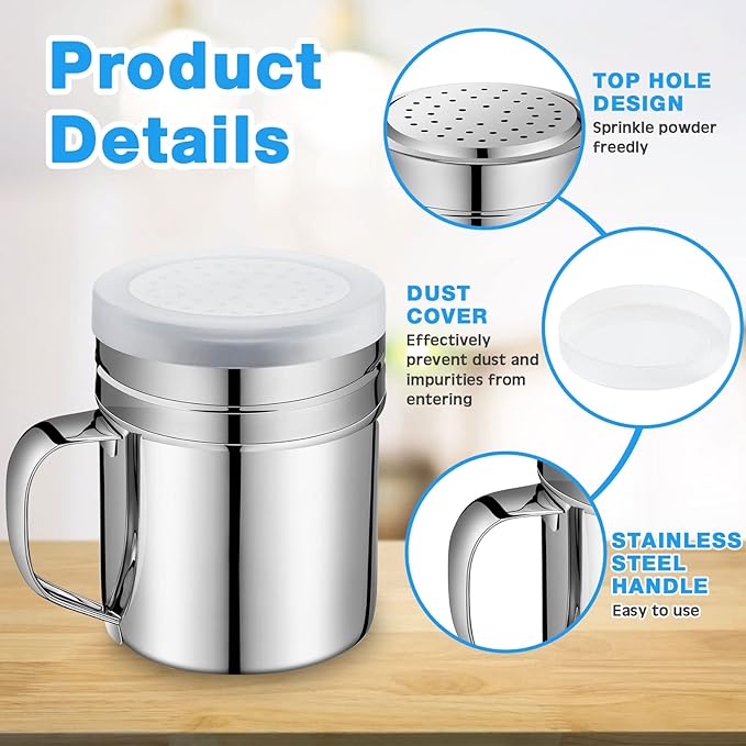 Lallisa 12 Pcs 10 oz Stainless Steel Spice Shakers with Holes and Lids Dredge Shakers with Handle Versatile Salt Shaker for Sugar Pepper Seasoning Flour Popcorn Cinnamon Powder Container Accessories