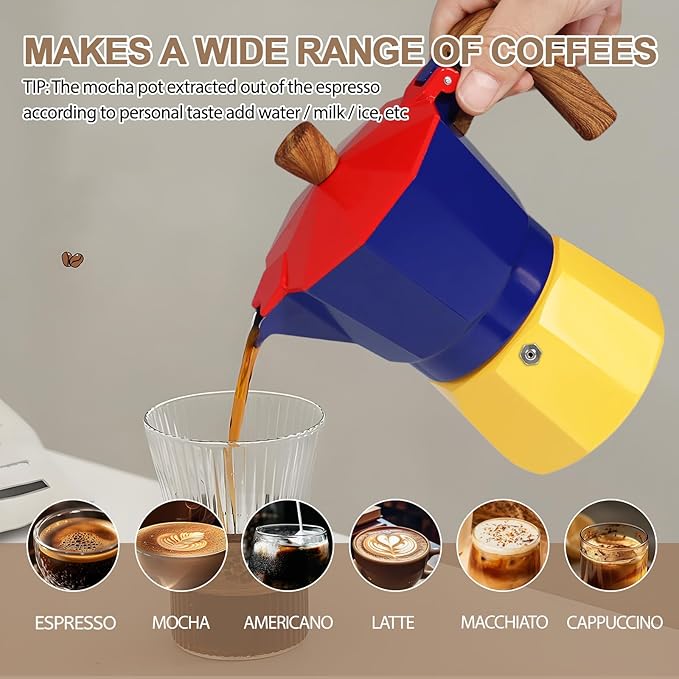 Aluminum 3 Cup 150ml Moka Pot Express Coffee Maker Stovetop Espresso Colorful Coffeemaker Italian Classic Style Brewing Greca Cafe Mocha Machine for Cafeteras Lover Camping Travel and Home Use 5oz