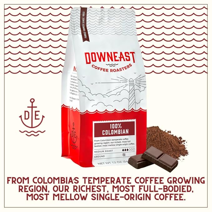 Downeast Coffee Roasters Ground Coffee - 100% Colombian, Medium Roast, 100% Arabica Coffee - Dark Chocolate and Ripe Fruit Notes - Select Central and South American Highlands (GROUND COFFEE, 12oz bag)