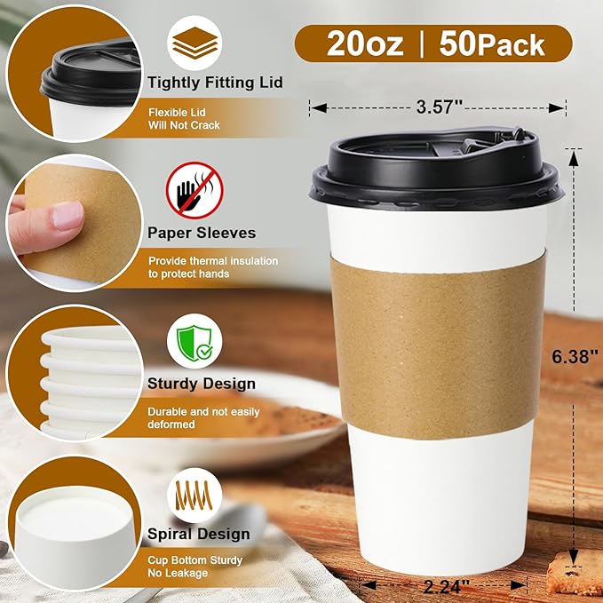 Lamosi 50 Pack 20 oz Disposable Coffee Cups with Lids and Sleeves, Grey To Go Leak-Proof Black Paper Cups for Picnics, Parties, Travel, Offices and Coffee Bar Supplies