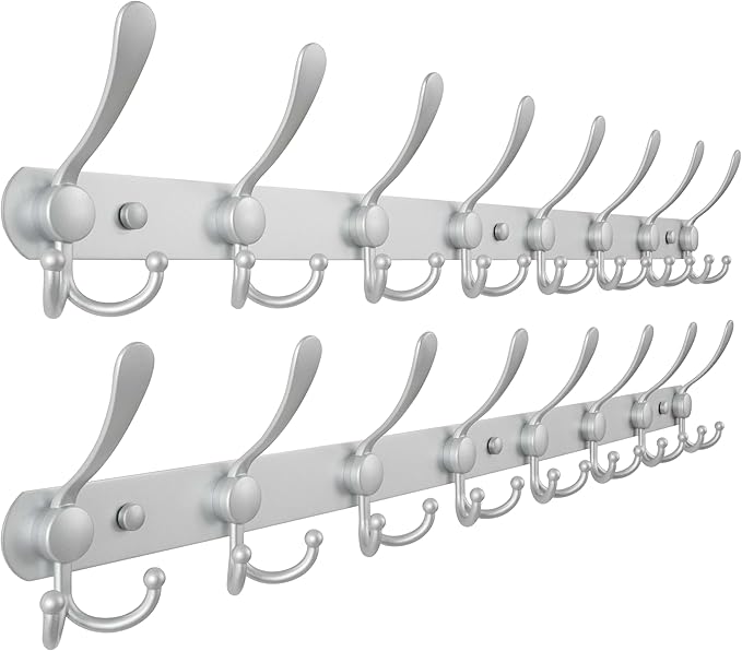Dseap Coat Rack Wall Mount - 29.5” Long 8-Tri-Hooks Heavy Duty Coat Hanger Rail Wall Hooks for Hanging Coats Hats Clothing Clothes Purse Mudroom Entryway, Silver, Pack of 2