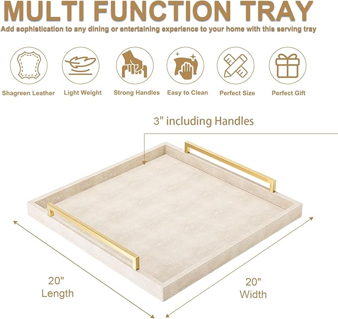 Large Ottoman Tray for Coffee Table,Square Shagreen Leather Decorative Tray with Gold Handles for Living Room Decor