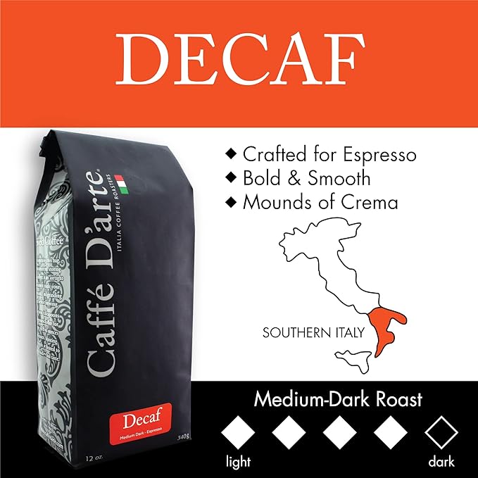 Caffe D'arte Decaf Espresso Coffee, Ground, 12 Ounce