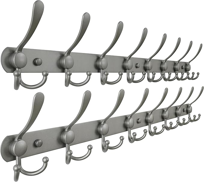 Dseap Coat Rack Wall Mount - 29.5” Long 8-Tri-Hooks Heavy Duty Coat Hanger Rail Wall Hooks for Hanging Coats Hats Clothing Clothes Purse Mudroom Entryway, Gray, Pack of 2