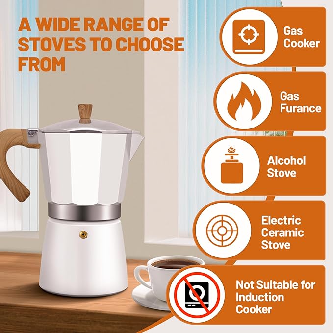 6 Cup Aluminum Espresso Stovetop Moka Pot Express Coffee Maker Percolator Italian Classic Mocha Coffee Machine for Italian and Cuban Cafe Brewing for Home & Camping 300ml 10oz