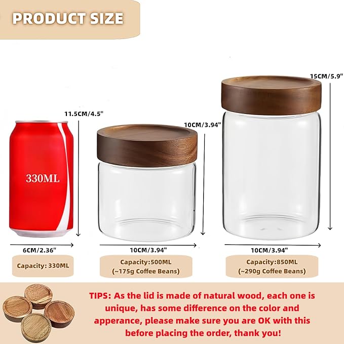 28 Fl oz/850 ml Glass Food Storage Jar, Premium Clear Glass Container Jar with Airtight Wooden Screw Lid, Kitchen Canisters for Coffee,Tea,Pasta,Cookies, Nuts,Spice,Candy,Overnight Oatmeal（Medium）