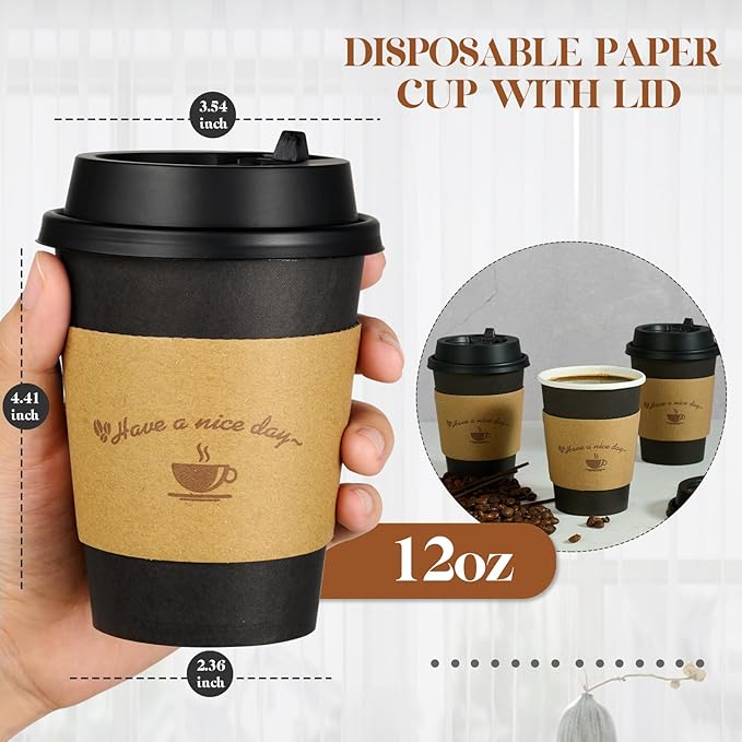 LITOPAK 100 Pack 12 oz Paper Coffee Cups for Hot Chocolate Drinks, Black Disposable Coffee Cups with Lids, Sleeves and Stirring Sticks for Parties, Picnic, Travel, and Events