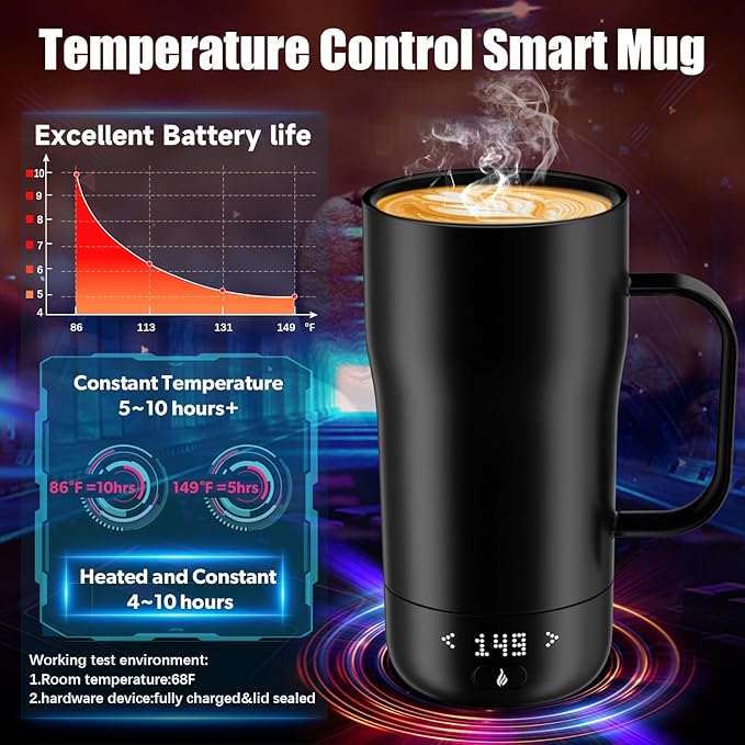 Smart Self Heating Coffee Mug 18 Oz Temperature Control Heated Coffee Mug App Controlled Warmer Mug 5-10 Hour LED Display Keep Coffee Hot All Day Fast Wireless Charger Base Iron Black