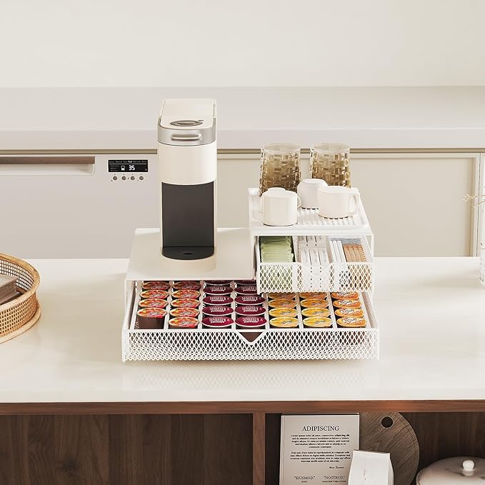 Coffee Maker Countertop Organizer,K Cup Pod Drawers,60 Coffee Capsule Pod Holder,Integrated Design Requires No Assembly.Slidng Storage Pod Baskets,Pod Stands,Silicone Drink Coasters