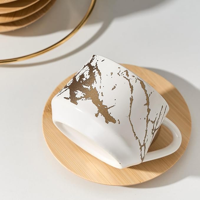 LUKA Ceramic Espresso Cups with Saucers and Metal Stand, Small 4 oz Porcelain Demitasse Cups Set of 6, Cute Cappuccino Coffee Cups for Double Espresso, Tea, Marbling White