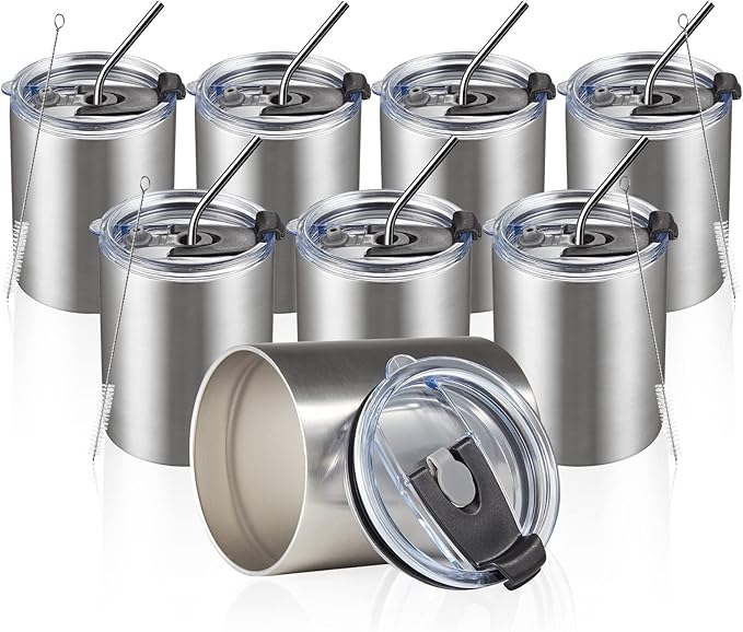 MEWAY 12oz/8Pack Coffee Mug With Lid, Insulated Stainless Steel Reusable Coffee Cup, Double Wall Durable Coffee Mug, Powder Coate，For Coffee, Beer, Home, Office(Silver,8 Pack)