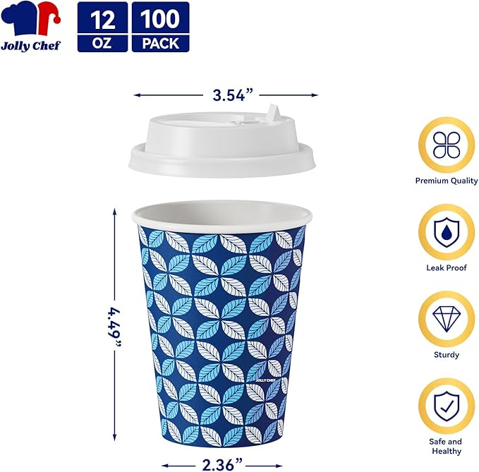JOLLY CHEF 12oz Paper Coffee Cups 100 Pack, Disposable To Go Coffee Cups with Lids, Sleeves and Stirrers for Christmas