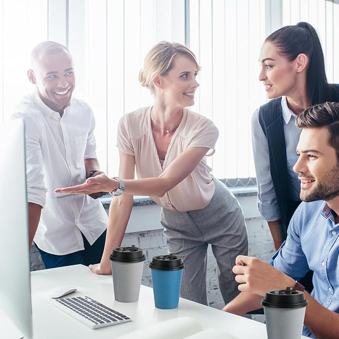 LITOPAK 100 Pack 12 oz Disposable Paper Coffee Cups with Lids for Coffee, Water, Juice, or Tea, Blue and Gray Hot Paper Cups for Home, Restaurant, Store, and Cafe