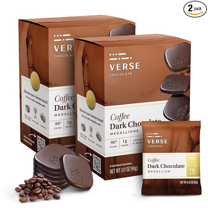 Verse Luxury Dark Chocolate Coffee Squares - Only 1g Cane Sugar - Coffee Flavored 90% Dark Cocoa - Individually Wrapped Cacao Chocolate Squares (9 Count, 2 Pack)