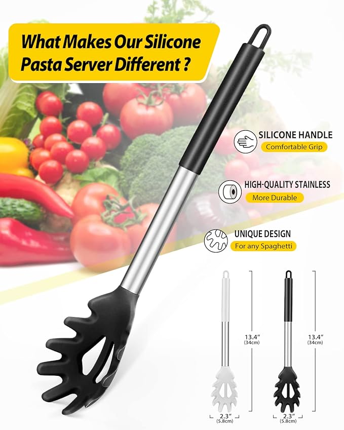 Pack of 2 Silicone Pasta Fork, Kitchen Heat Resistant Noodle Spoon Server, BPA Free Spaghetti Strainer, Best Cooking Tools (BLACK-WHITE)