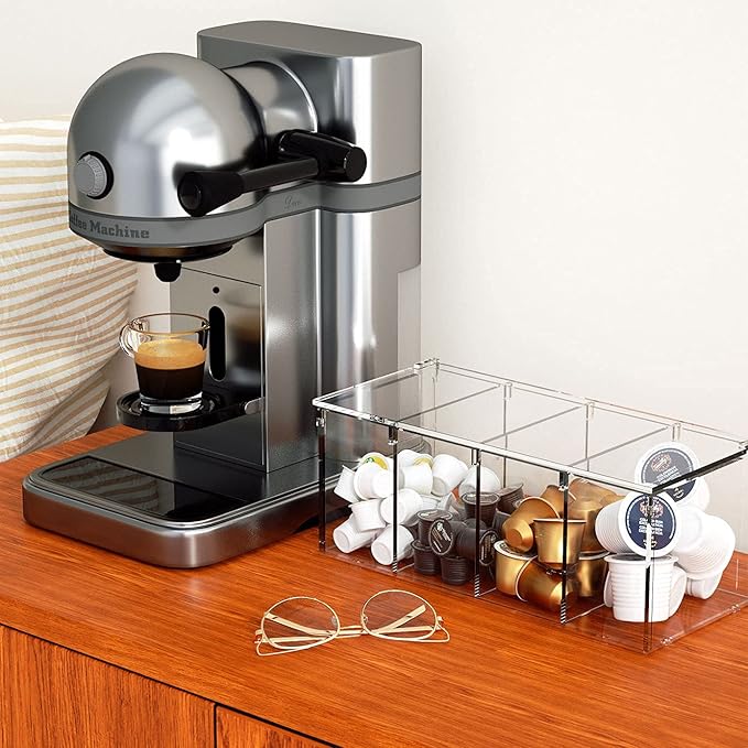Coffee Capsule Holder Acrylic Box K Cup Holder Coffee Pod Storage Clear Acrylic 4 Compartment with Lid Organizer Coffee Bar Accessories