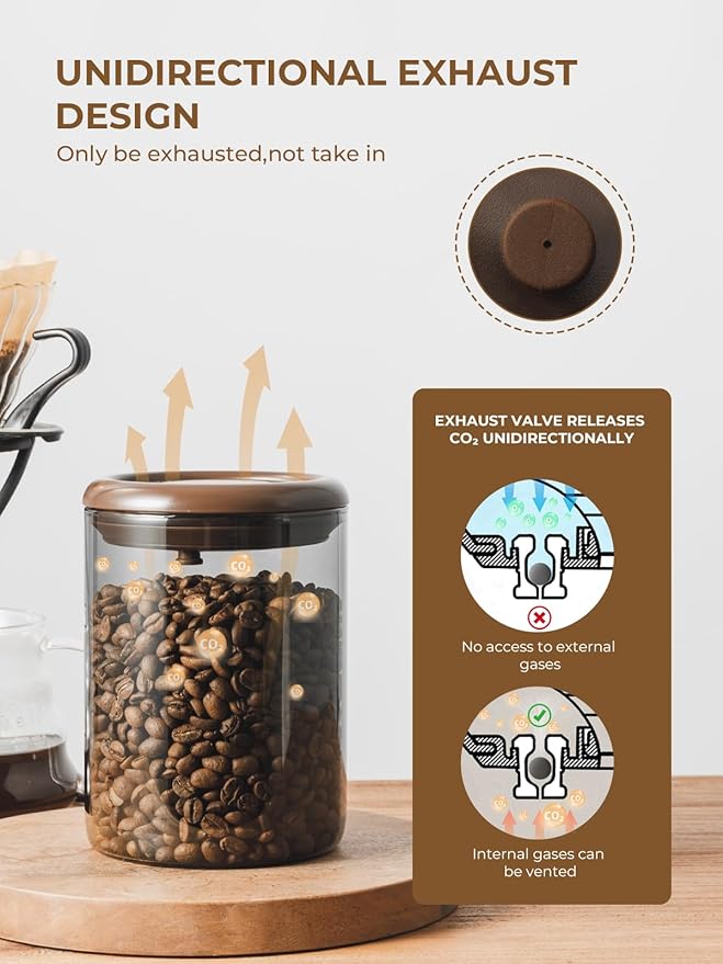 Ground Coffee Glass Container Airtight 900ml – Pop Top Ground Coffee Canister with CO₂ Valve, 11 oz Coffee Bean Container, UV Resistant