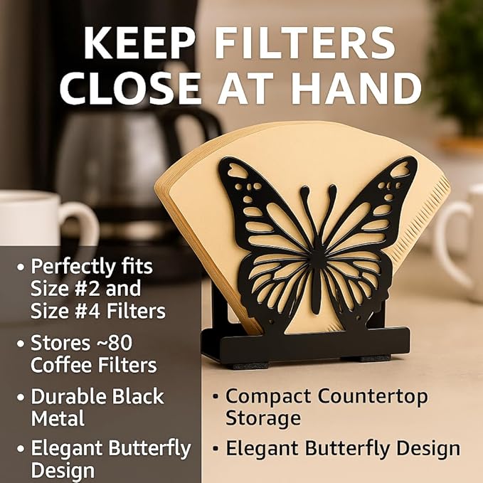 Butterfly Napkin Holder Set – 2 Pack Metal Stand for Everyday & Cocktail Napkins | Modern Black Decorative Coffee Filter Holder for Kitchen, Coffee Bar, Party, Dining Table & Gift