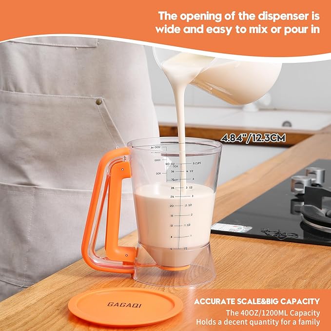 Pancake Batter Dispenser 5 Cup with Sturdy Handle,Batter Separator for Pancakes, Cupcake, Waffle, Muffin Mix, Cake & Crepe Batter pitcher with Squeeze Handle Baking Tools-Orange