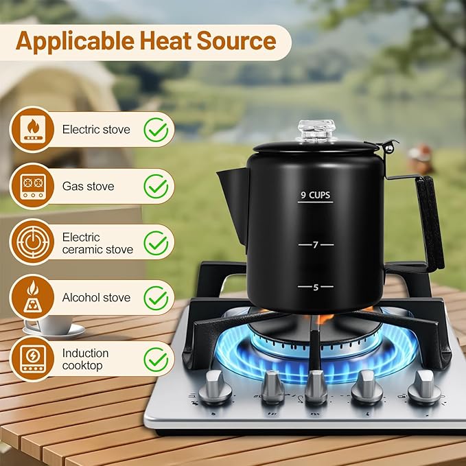 No Coating 9 Cup Percolator Coffee Pot 304 Stainless Steel Moka Pot Stovetop Espresso Maker Italian Greca Cuban Machine 1500ml 50.7oz Suitable for Gas Induction Stovetop Camping Kettle