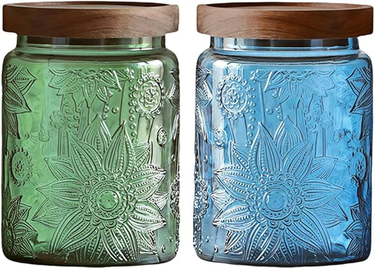 Set of 2 Vintage Glass Jars, Green Glass Storage Jars with Lids (23.7 oz) for Kitchen, Pantry, Candy, Flour, Oatmeal, Coffee Beans, Pet Food, Laundry Detergent, Cute Jar (Green&Blue 2, 23.7 Ounces)
