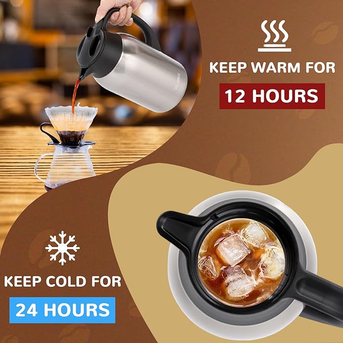 68 oz Coffee Carafe for Keeping Hot - 12 Hour Hot Drinks and 24 Hour Cold Drinks Stainless Steel Insulated Pot with Anti-Drip Spout, 316 Food Grade Thermal carafe Pot for Home/Camping/Office Silver