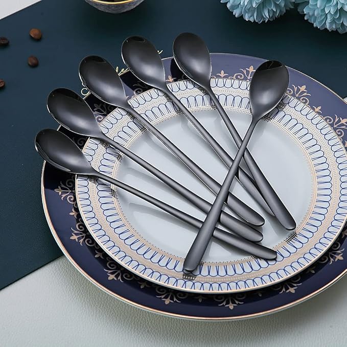 Black Long Handle Spoon, Coffee Stirrers, Premium Stainless Steel Ice Tea Spoons, Ice Cream Spoon, Cocktail Stirring Spoons, Set of 6 (Black)