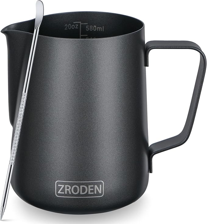 Milk Frothing Pitcher, 20oz Espresso Steaming Pitchers Stainless Steel Cappuccino Coffee Machine Accessories Barista Tools Steam Froth Pitchers Milk Jug Cup with Decorating Pen Latte Art, Matte Black