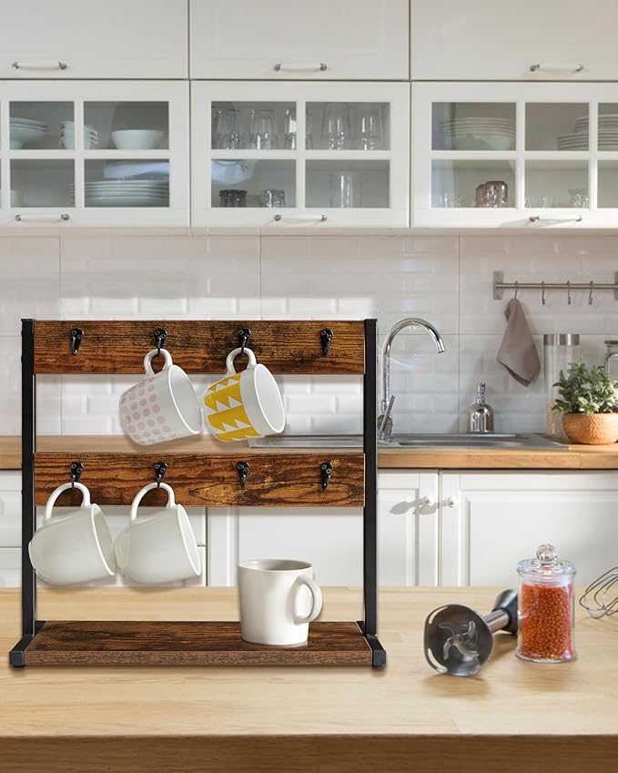 IBUYKE Wood Coffee Mug Holder for Countertop,16 Hook Mug Tree Holder Rack with Storage Base,Mug Display Organizer,Mug Holders for Home Kitchen, Rustic Brown UTBJ001H