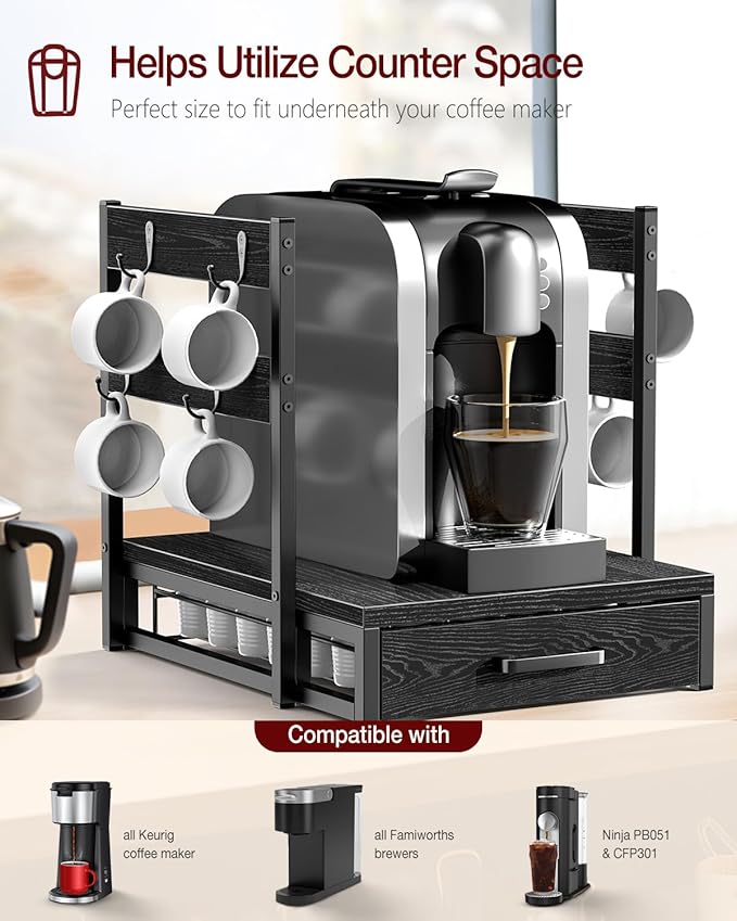 Evermagin Coffee Pod Drawer for K Cup, 35 Pods K-Cup Holder Organizer with Cup Holder, Durable Coffee Maker Stand with Storage Drawer, Black