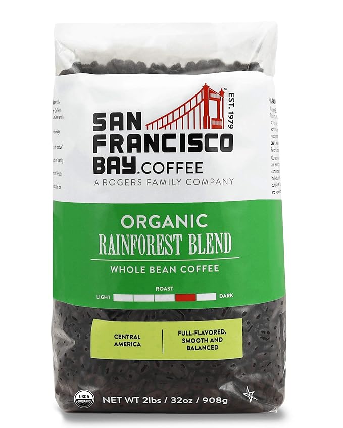 San Francisco Bay Coffee - Medium-Dark Roast Whole Bean Coffee - Organic Rainforest Blend (2 lb bag) - UDSA Organic
