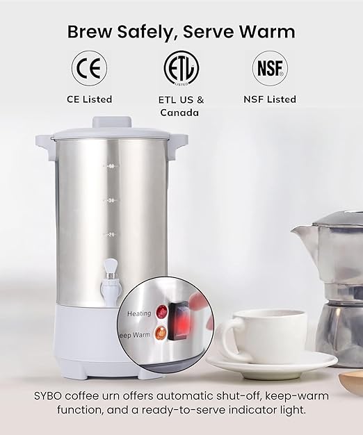 SYBO 45Cup Coffee Urn, Commercial Grade Stainless Steel Percolate Coffee Maker, Removable Filter, Easy to Clean, Hot Water Urn for Catering, Hot Beverage Dispenser with Cool-Touch Handles, 6L, Grey